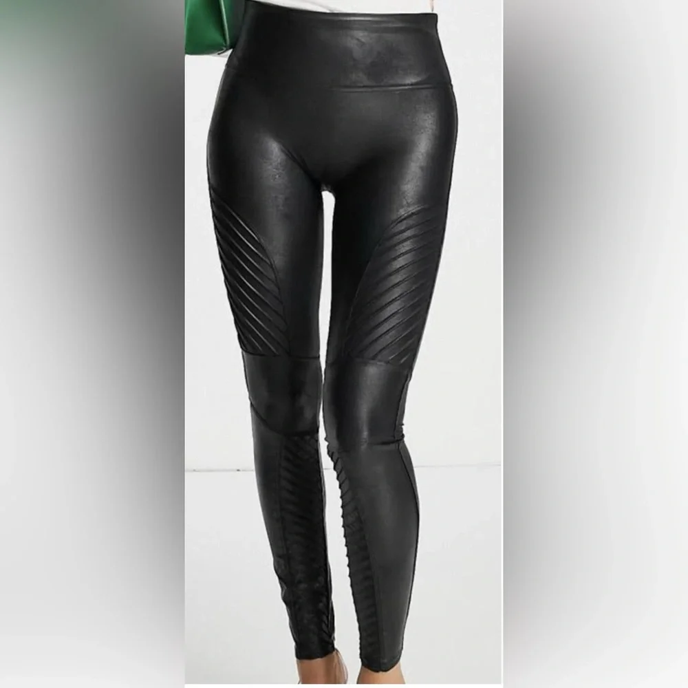 SPANX Quilted Faux Leather Shiny MOTO‎ LEGGINGS-#20248R-BLACK-Size M